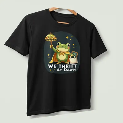 Kawaii frog cartoon holding a shopping bag with We Thrift At Dawn text — printed on a unisex t-shirt (angled view)