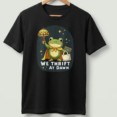 Kawaii frog cartoon holding a shopping bag with We Thrift At Dawn text