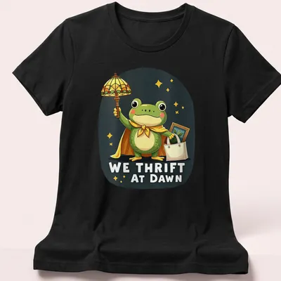 Kawaii frog cartoon holding a shopping bag with We Thrift At Dawn text — printed on a women's shirt