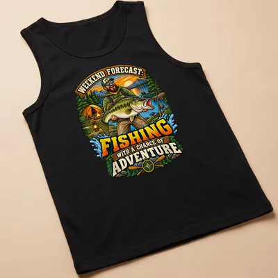 Whimsical fisherman holding a bass, featuring the text about fishing adventures — printed on a tank top
