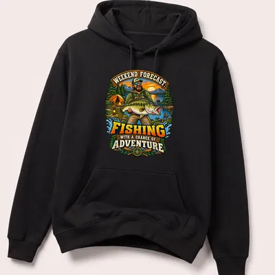 Whimsical fisherman holding a bass, featuring the text about fishing adventures — printed on a unisex hoodie