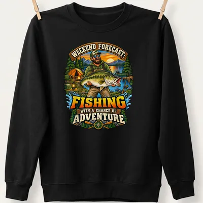 Whimsical fisherman holding a bass, featuring the text about fishing adventures — printed on a unisex sweatshirt