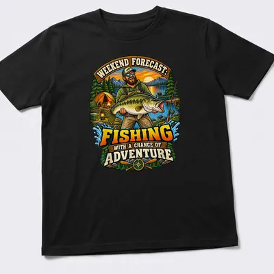 Whimsical fisherman holding a bass, featuring the text about fishing adventures