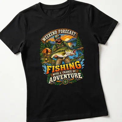 Whimsical fisherman holding a bass, featuring the text about fishing adventures — printed on a women's shirt