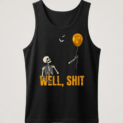 Cartoon skeleton holding a balloon with the text WELL, SHIT in orange and black — printed on a tank top