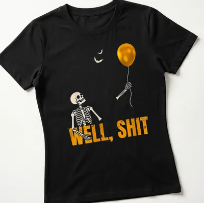 Cartoon skeleton holding a balloon with the text WELL, SHIT in orange and black — printed on a women's shirt