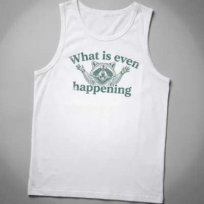 Vintage illustrated funny raccoon with wide eyes and text about confusion — printed on a tank top