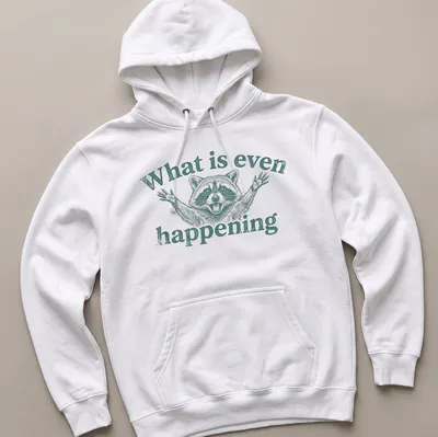 Vintage illustrated funny raccoon with wide eyes and text about confusion — printed on a unisex hoodie