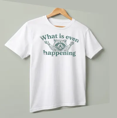 Vintage illustrated funny raccoon with wide eyes and text about confusion — printed on a unisex t-shirt (angled view)
