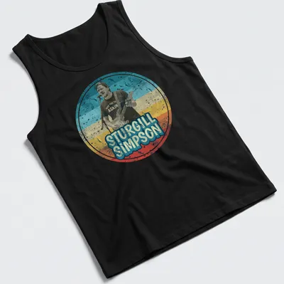 Retro distressed t-shirt featuring humorous text about Sturgill Simpson — printed on a tank top