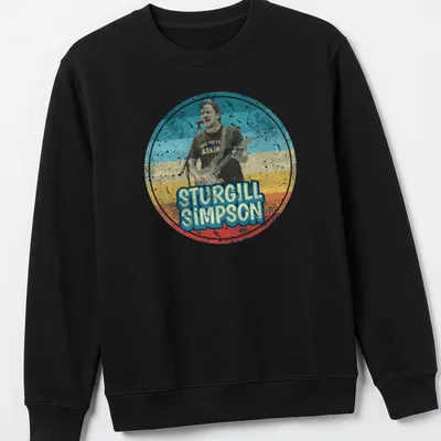 Retro distressed t-shirt featuring humorous text about Sturgill Simpson — printed on a unisex sweatshirt