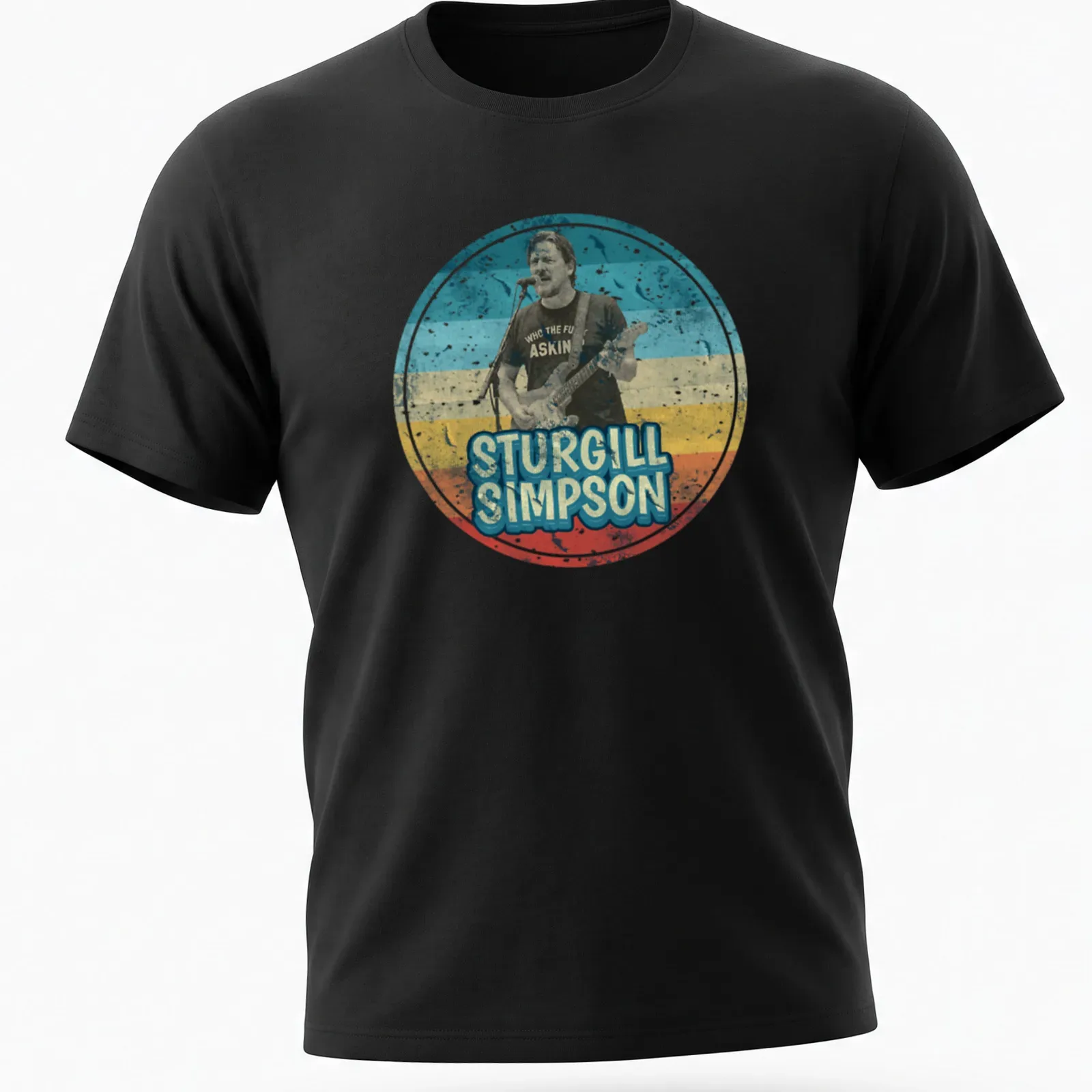 Retro distressed t-shirt featuring humorous text about Sturgill Simpson — printed on a unisex t-shirt