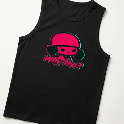 Angry cartoon character in cap with text 'Why tho?' in neon glitch style — printed on a tank top