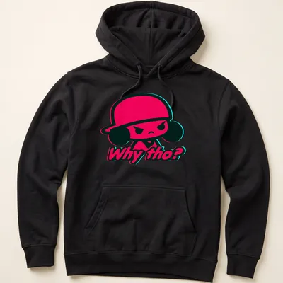 Angry cartoon character in cap with text 'Why tho?' in neon glitch style — printed on a unisex hoodie