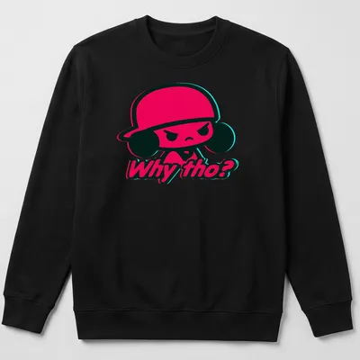 Angry cartoon character in cap with text 'Why tho?' in neon glitch style — printed on a unisex sweatshirt