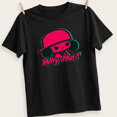 Angry cartoon character in cap with text 'Why tho?' in neon glitch style