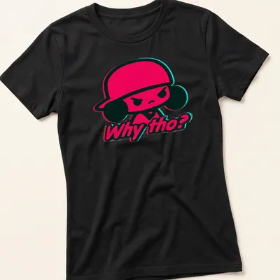 Angry cartoon character in cap with text 'Why tho?' in neon glitch style — printed on a women's shirt