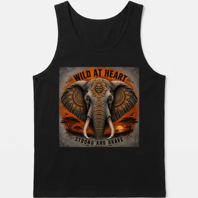Detailed illustration of a strong and brave elephant with text about being wild at heart — printed on a tank top