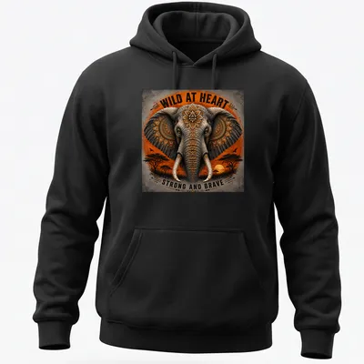 Detailed illustration of a strong and brave elephant with text about being wild at heart — printed on a unisex hoodie