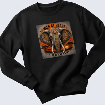 Detailed illustration of a strong and brave elephant with text about being wild at heart — printed on a unisex sweatshirt