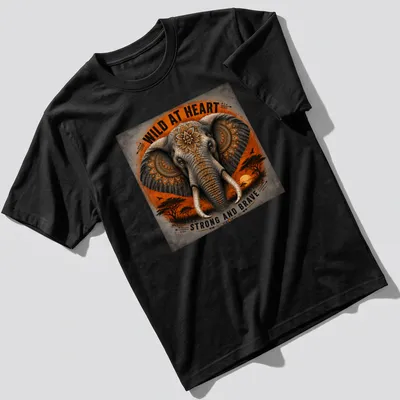 Detailed illustration of a strong and brave elephant with text about being wild at heart