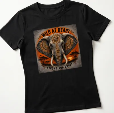 Detailed illustration of a strong and brave elephant with text about being wild at heart — printed on a women's shirt