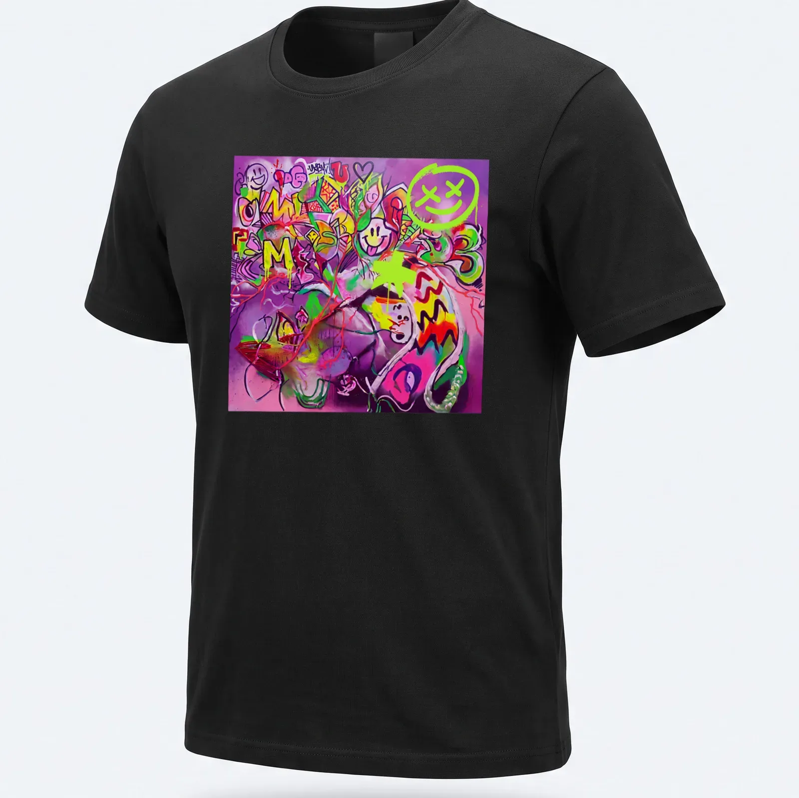 Colorful graffiti art featuring 'Wildstyle AI' text in neon colors. — printed on a unisex t-shirt