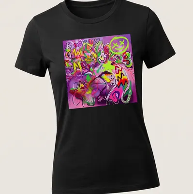 Colorful graffiti art featuring 'Wildstyle AI' text in neon colors. — printed on a women's shirt