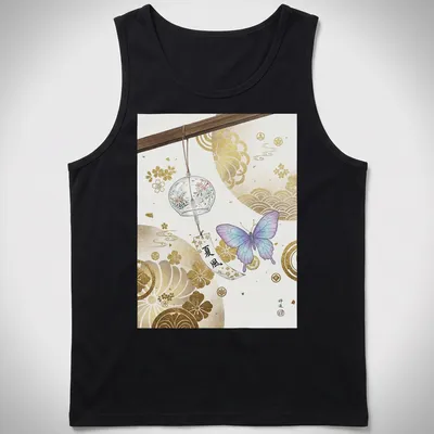 Elegant watercolor design of a butterfly and wind chime in pastel colors — printed on a tank top