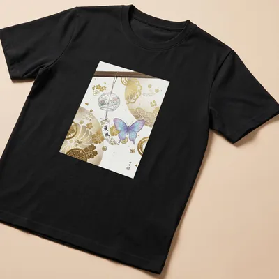 Elegant watercolor design of a butterfly and wind chime in pastel colors — printed on a unisex t-shirt