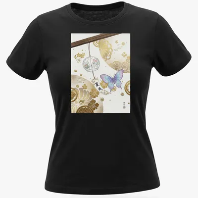 Elegant watercolor design of a butterfly and wind chime in pastel colors — printed on a women's shirt