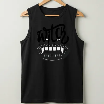 Bold graphic of the word WITCH with vampire teeth in black and white — printed on a tank top