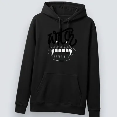 Bold graphic of the word WITCH with vampire teeth in black and white — printed on a unisex hoodie