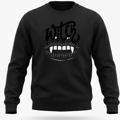 Bold graphic of the word WITCH with vampire teeth in black and white — printed on a unisex sweatshirt