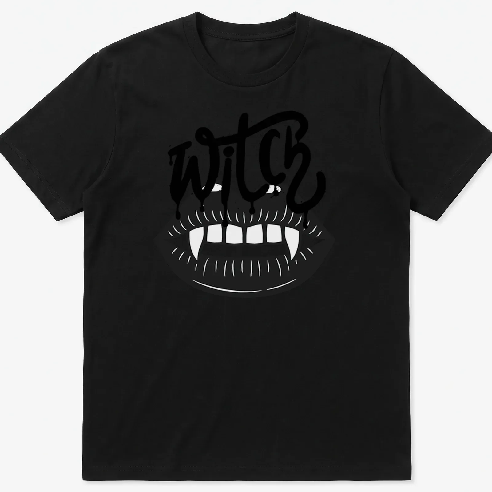 Bold graphic of the word WITCH with vampire teeth in black and white — printed on a unisex t-shirt