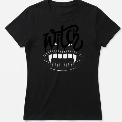 Bold graphic of the word WITCH with vampire teeth in black and white — printed on a women's shirt