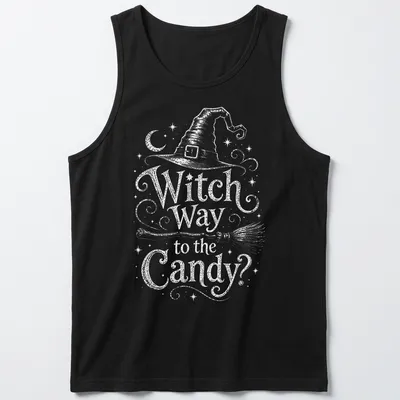 Vintage-style tee with witch hat, broom, and Halloween text — printed on a tank top