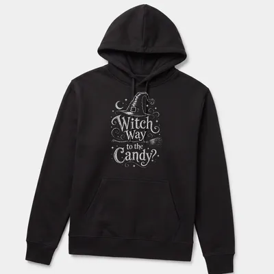 Vintage-style tee with witch hat, broom, and Halloween text — printed on a unisex hoodie
