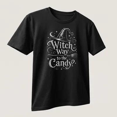 Vintage-style tee with witch hat, broom, and Halloween text — printed on a unisex t-shirt (angled view)