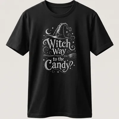Vintage-style tee with witch hat, broom, and Halloween text