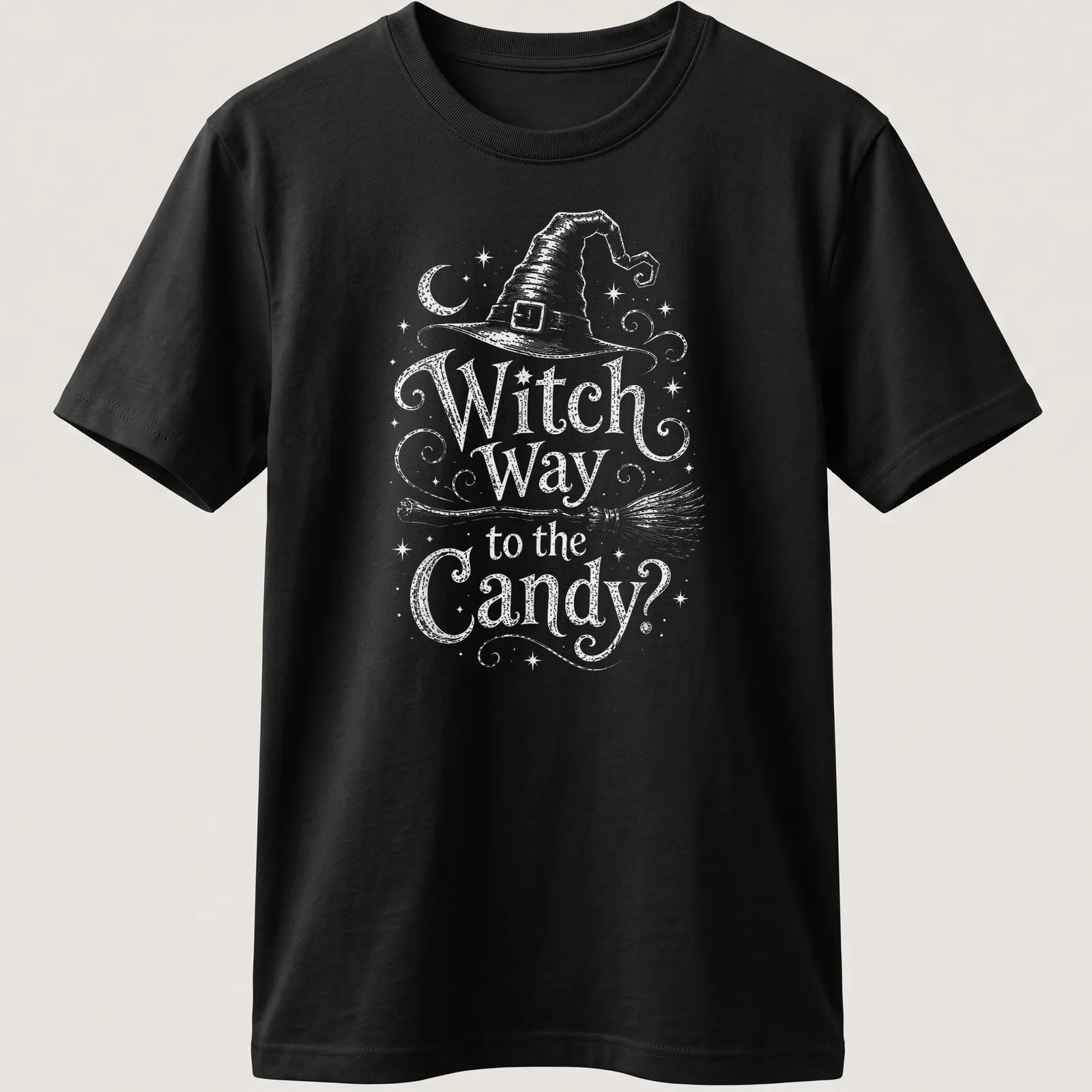 Vintage-style tee with witch hat, broom, and Halloween text — printed on a unisex t-shirt