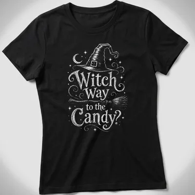 Vintage-style tee with witch hat, broom, and Halloween text — printed on a women's shirt