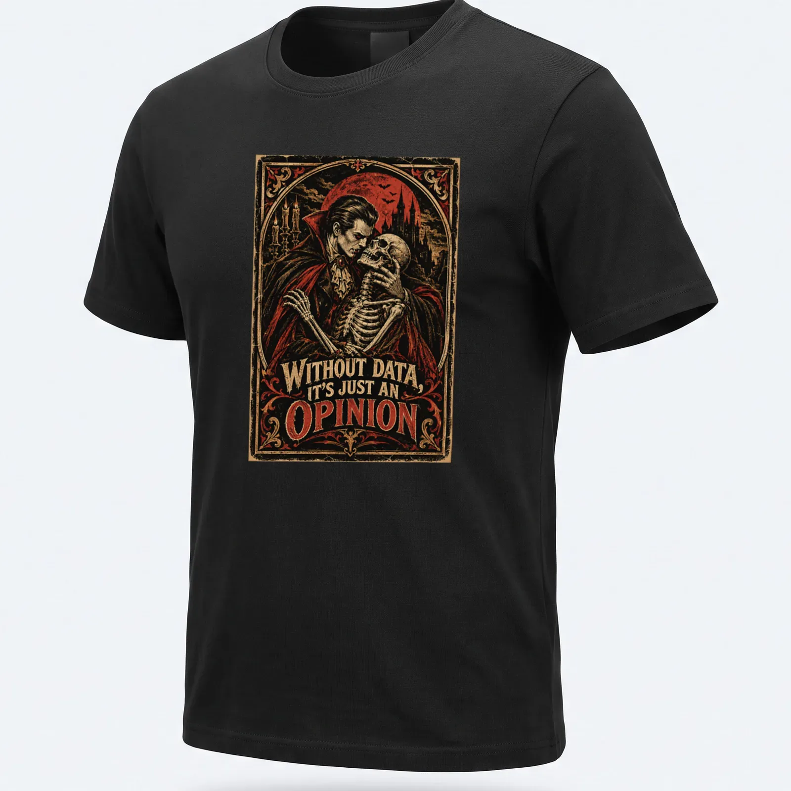 Vintage horror tee featuring a vampire and skeleton with sarcastic text — printed on a unisex t-shirt
