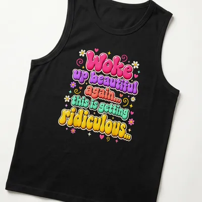 Retro bubble style shirt with colorful humorous text about beauty — printed on a tank top