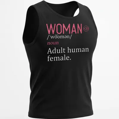 Vintage design t-shirt featuring the definition of 'WOMAN' with a silhouette illustration. — printed on a tank top