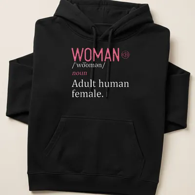 Vintage design t-shirt featuring the definition of 'WOMAN' with a silhouette illustration. — printed on a unisex hoodie