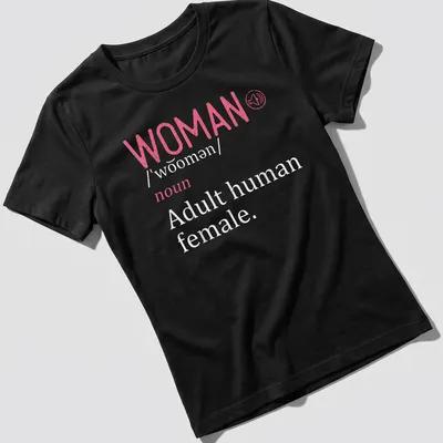 Vintage design t-shirt featuring the definition of 'WOMAN' with a silhouette illustration. — printed on a women's shirt
