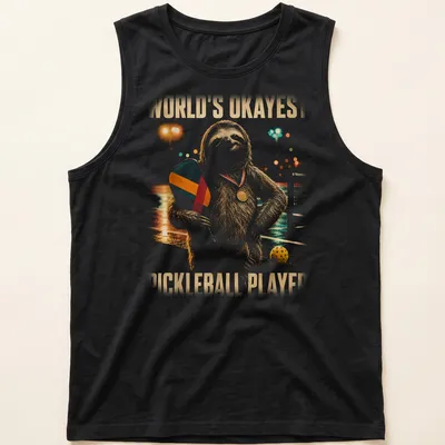 Vintage sloth graphic with the text World's Okayest Pickleball Player on a — printed on a tank top