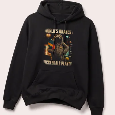 Vintage sloth graphic with the text World's Okayest Pickleball Player on a — printed on a unisex hoodie