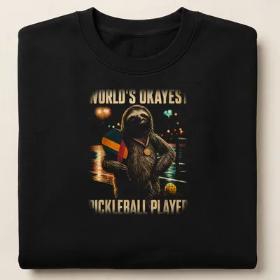 Vintage sloth graphic with the text World's Okayest Pickleball Player on a — printed on a unisex sweatshirt